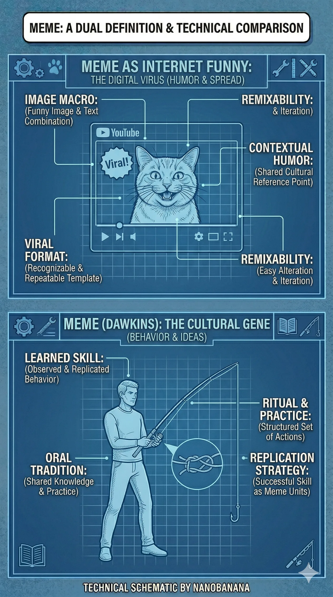 Blueprint-style schematic comparing two definitions of meme: the internet meme, with image macro, viral format, remixability and contextual humour, and the Dawkins meme, with learned skill, oral tradition, ritual and practice, and replication strategy.
